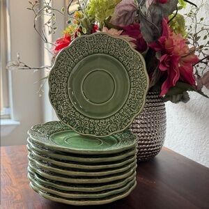 Bordallo Pinheiro Green Embossed Vintage Plate Set